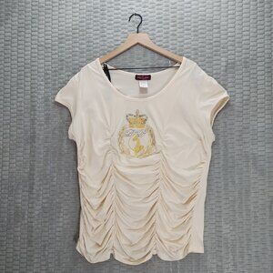 Vintage Y2K Baby Phat-Baby Doll Tee-Cap Sleeves-Ruching-Gold Crown Cat-2X